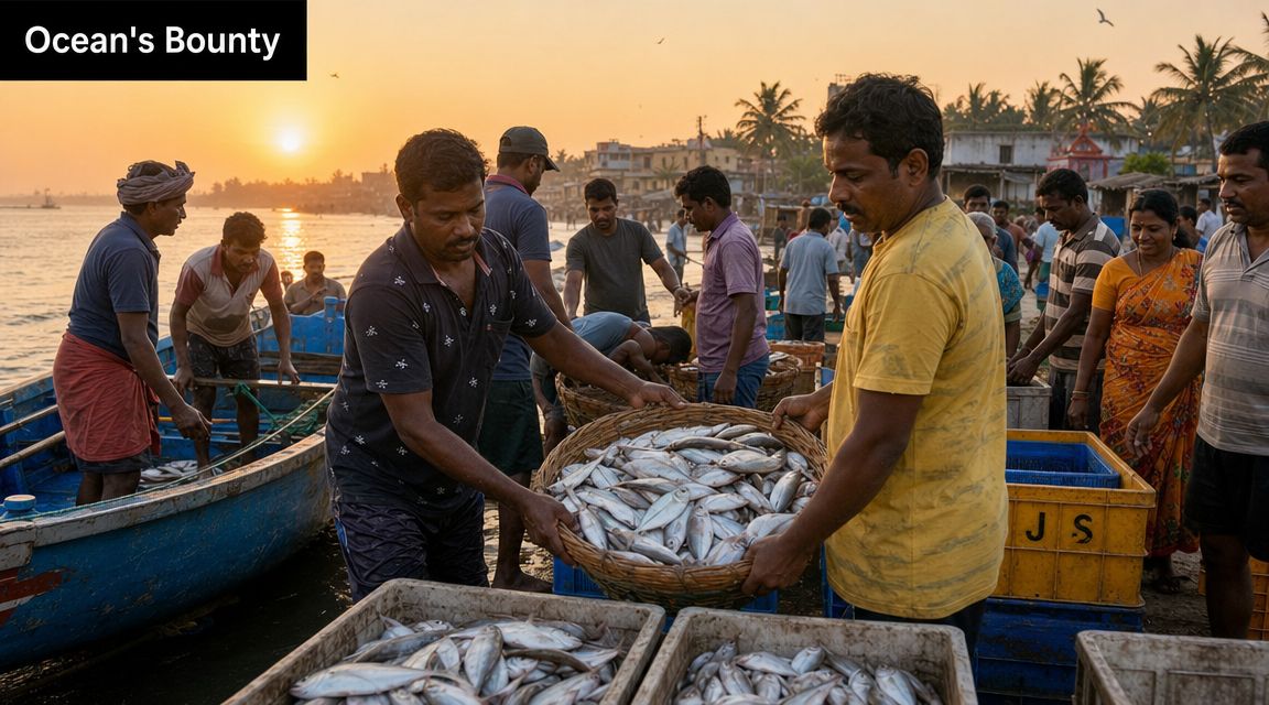 A group of fishermen in India sorting and unloading fresh fish from boats at sunrise.