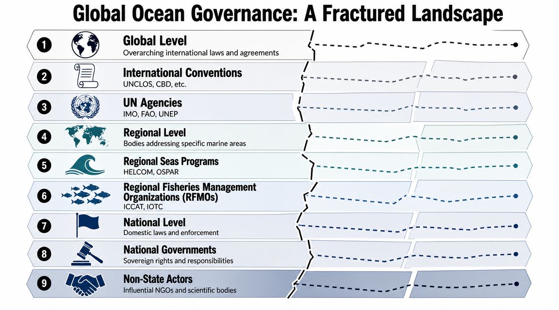 An infographic titled Global Ocean Governance showing nine distinct levels of international to non-state maritime authority.