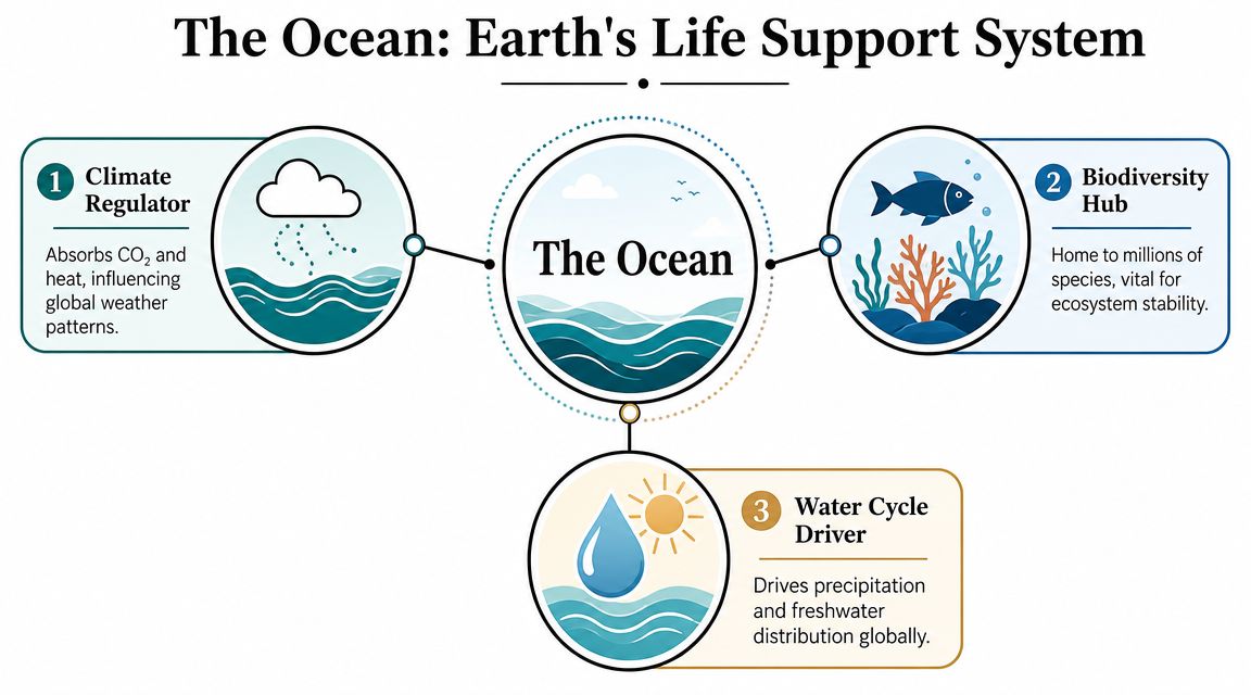 An infographic illustrating the ocean's critical roles as a climate regulator, biodiversity hub, and water cycle driver.
