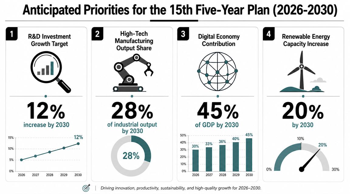 An infographic showing four anticipated economic and development priorities for China's 15th Five-Year Plan from 2026 to 2030.