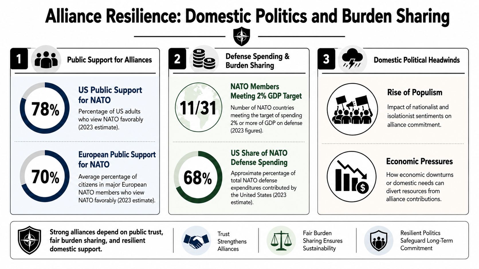 An infographic titled Alliance Resilience showcasing statistics on NATO public support, defense spending, and domestic political challenges.
