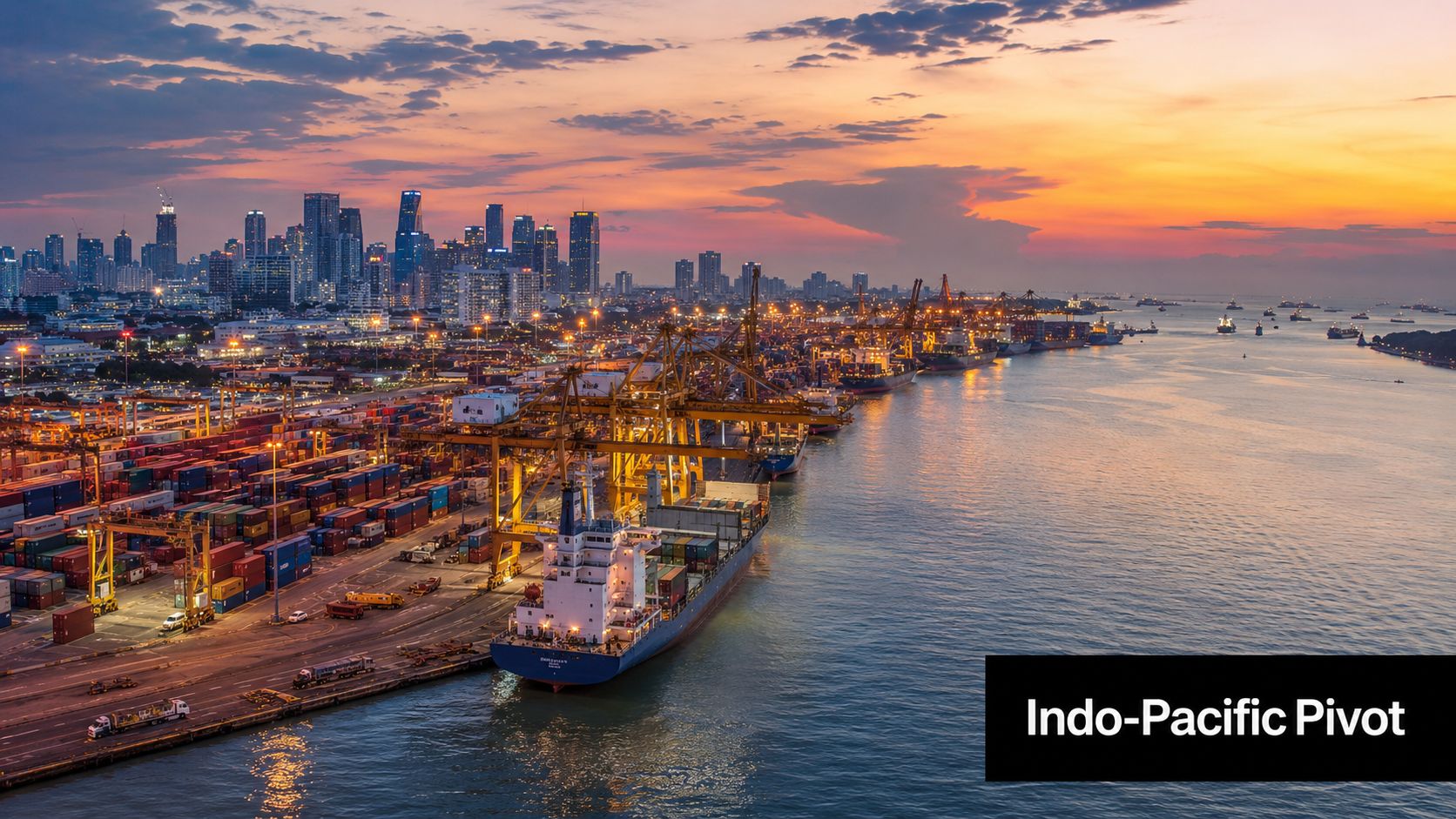 A scenic view of a busy shipping port with a city skyline at sunset under an orange sky.