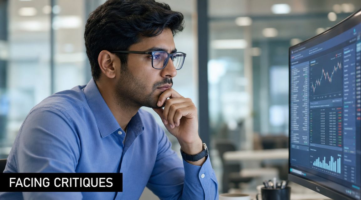 A professional man with glasses looking intently at a computer screen showing financial data in an office.