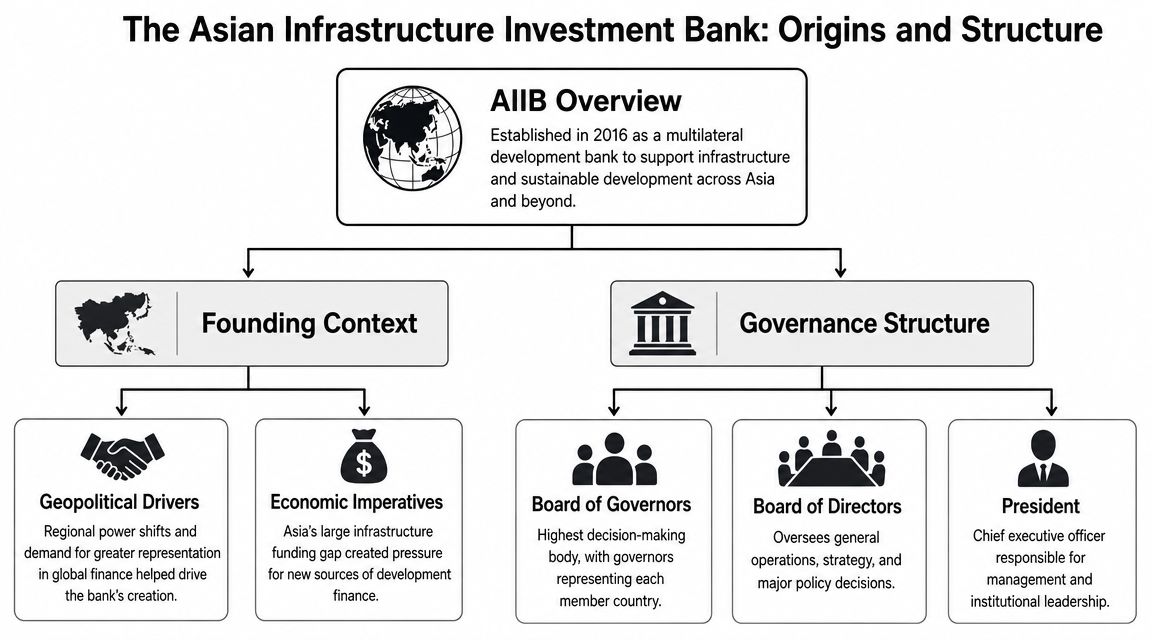 An organizational chart detailing the origins, purpose, and governance structure of the Asian Infrastructure Investment Bank.