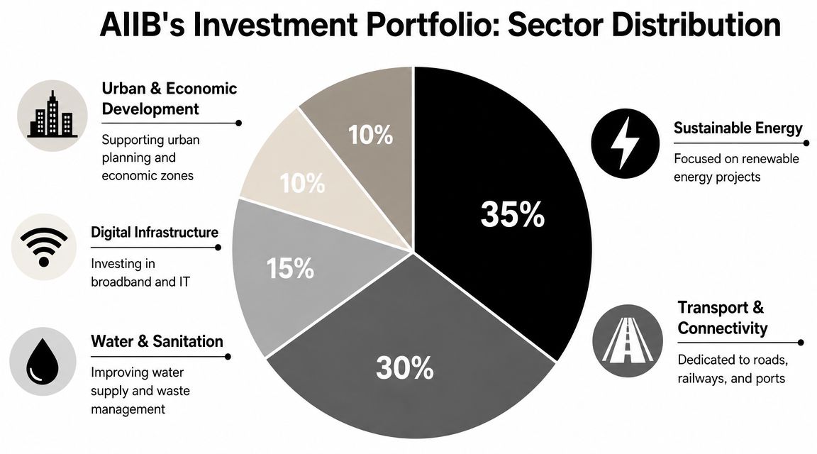 A pie chart displaying the percentage distribution of AIIB investment sectors including energy, transport, and infrastructure.
