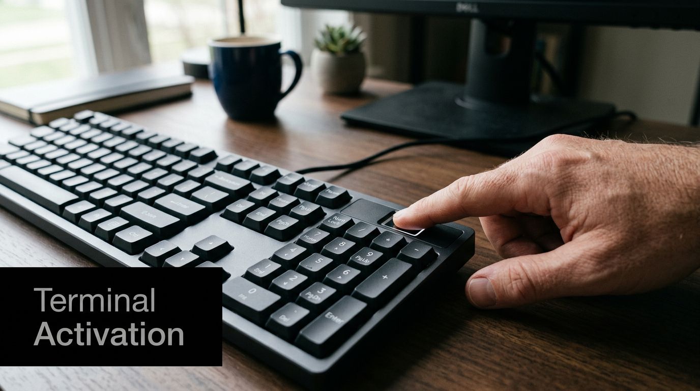 A close-up view of a person's finger pressing a key on a black computer keyboard.
