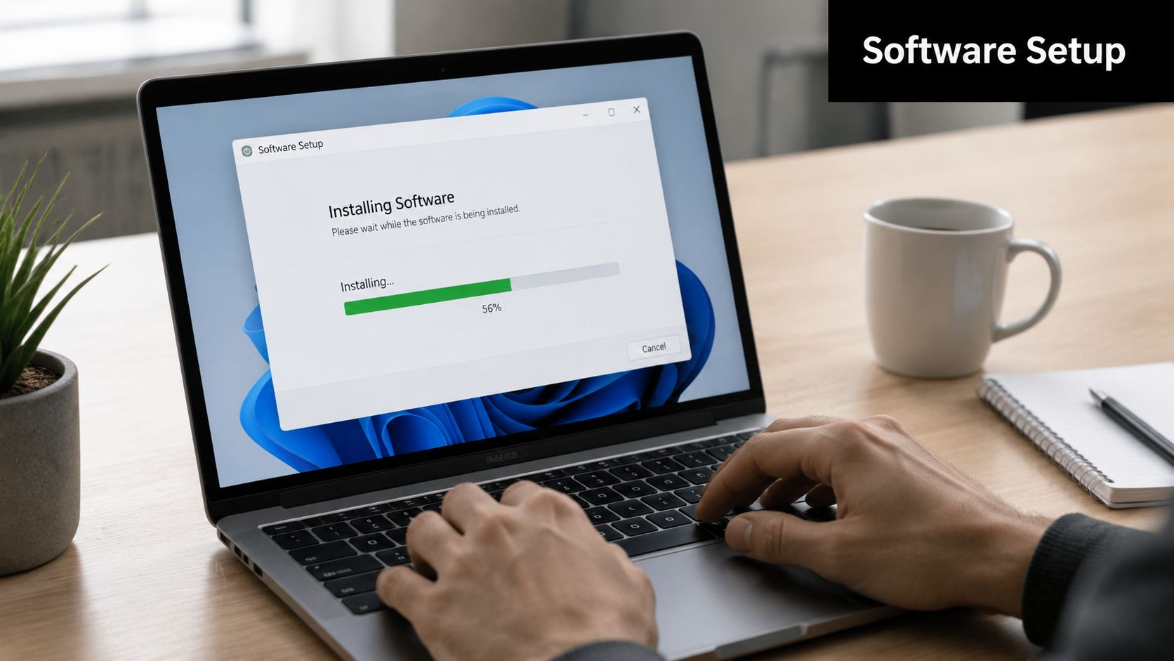 A person using a laptop to install software with a progress bar showing fifty-six percent completion.