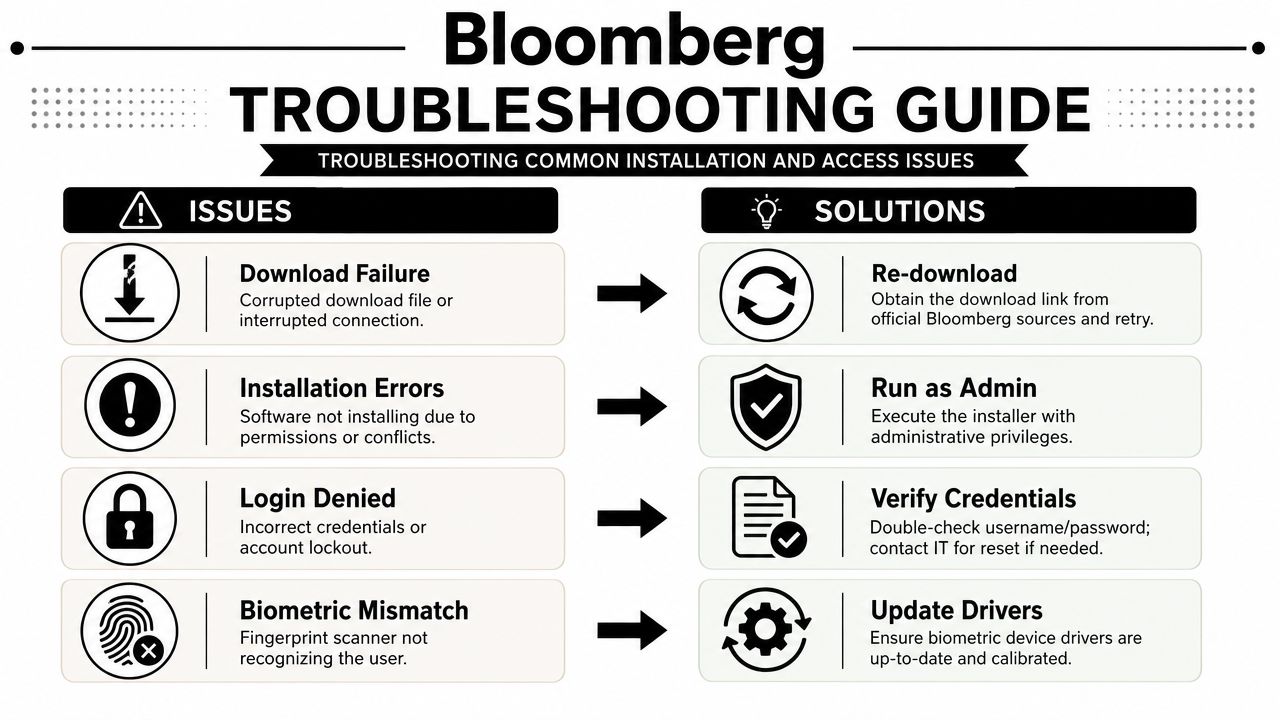 A Bloomberg troubleshooting guide displaying common installation and access issues paired with their corresponding technical solutions.