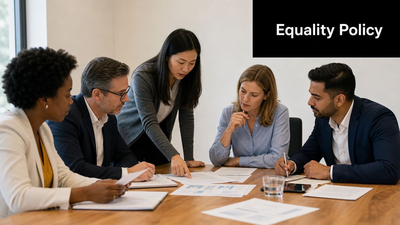 A diverse group of professional colleagues collaborating around a wooden table in a brightly lit office setting.