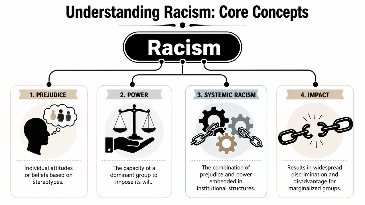 A diagram titled Understanding Racism: Core Concepts outlining four key elements: prejudice, power, systemic racism, and impact.