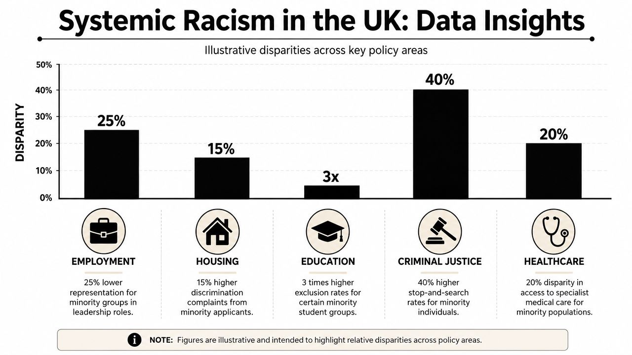 A bar chart illustrating data disparities for minority groups in UK employment, housing, education, justice, and healthcare.