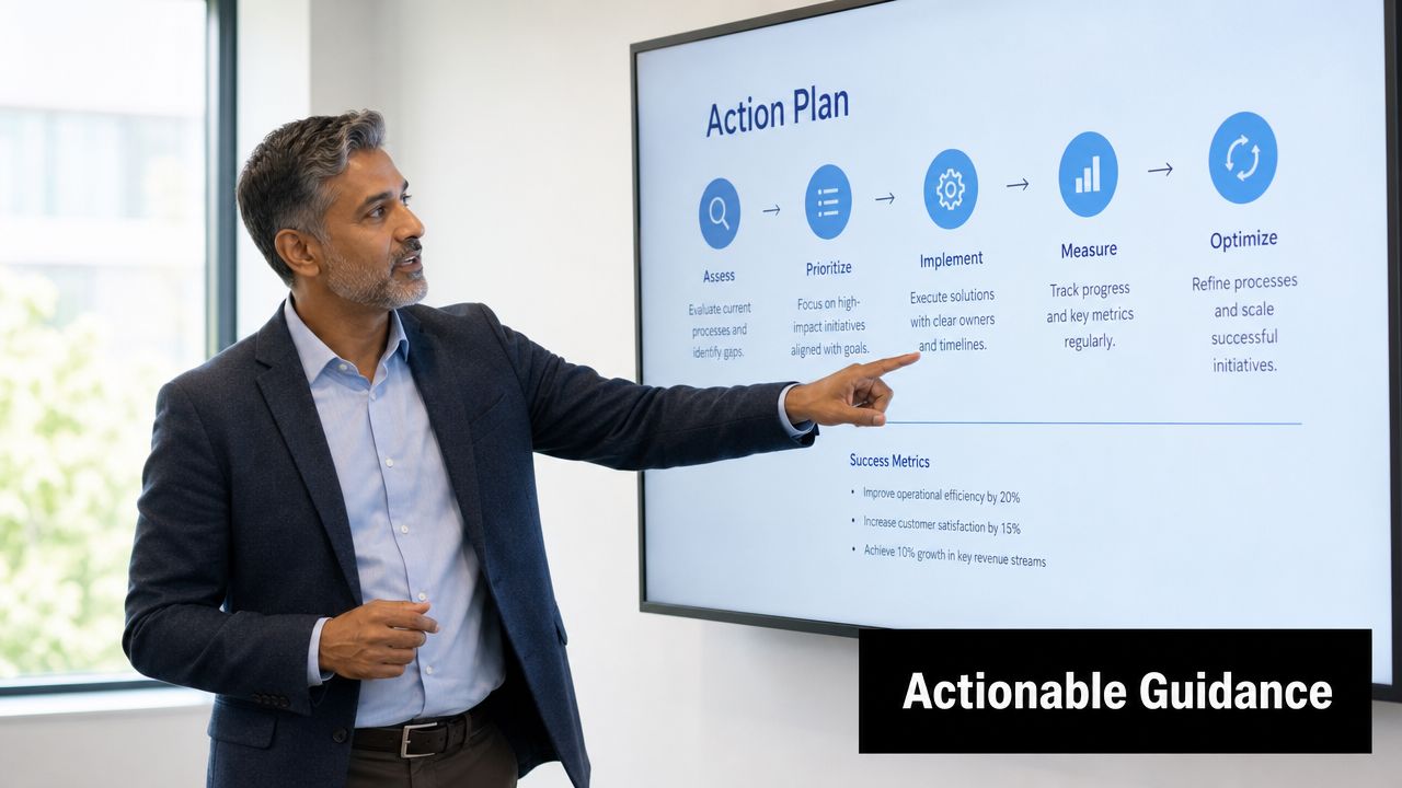 A professional man gesturing towards an action plan presentation on a digital screen in an office.
