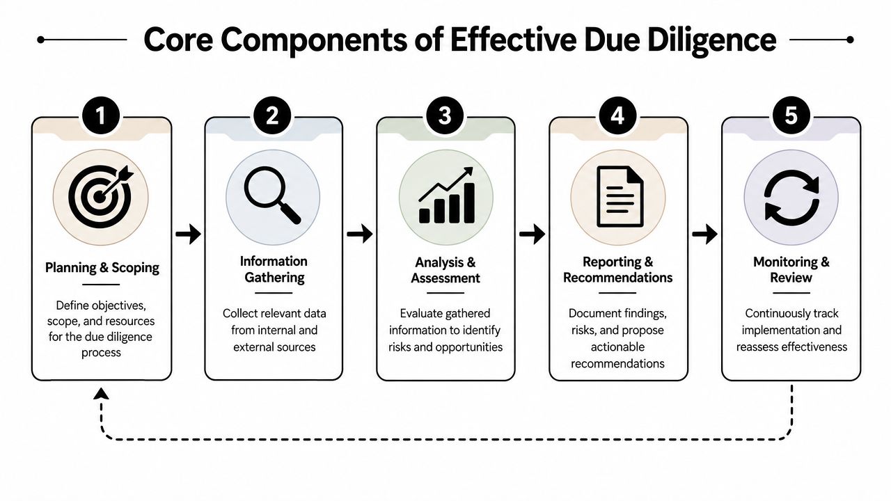 A five-step process infographic illustrating the core components of an effective corporate due diligence procedure.