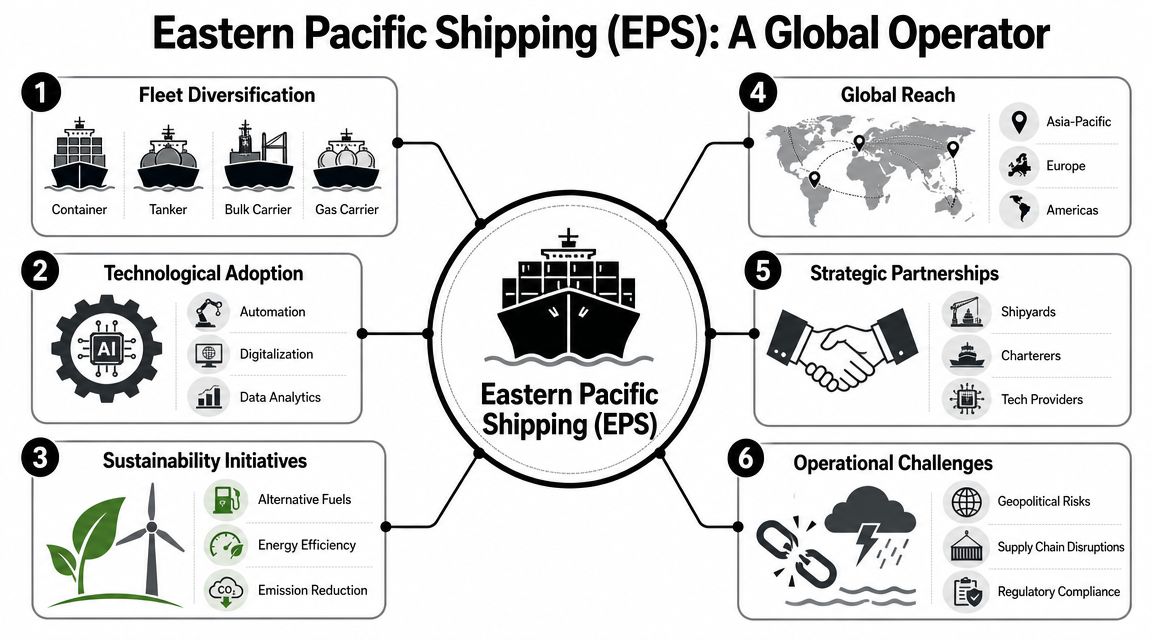 An infographic showing the core operational areas of Eastern Pacific Shipping including fleet, technology, and sustainability.