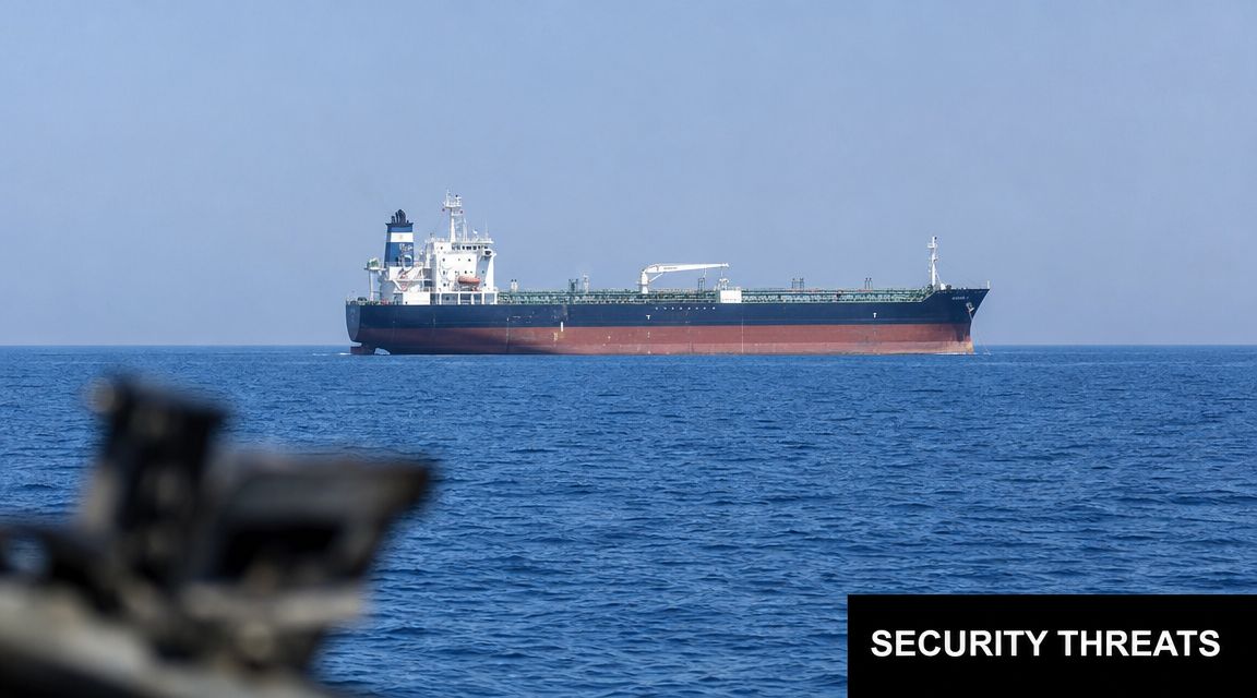 An oil tanker sailing on the open blue ocean with a blurred weapon in the foreground.