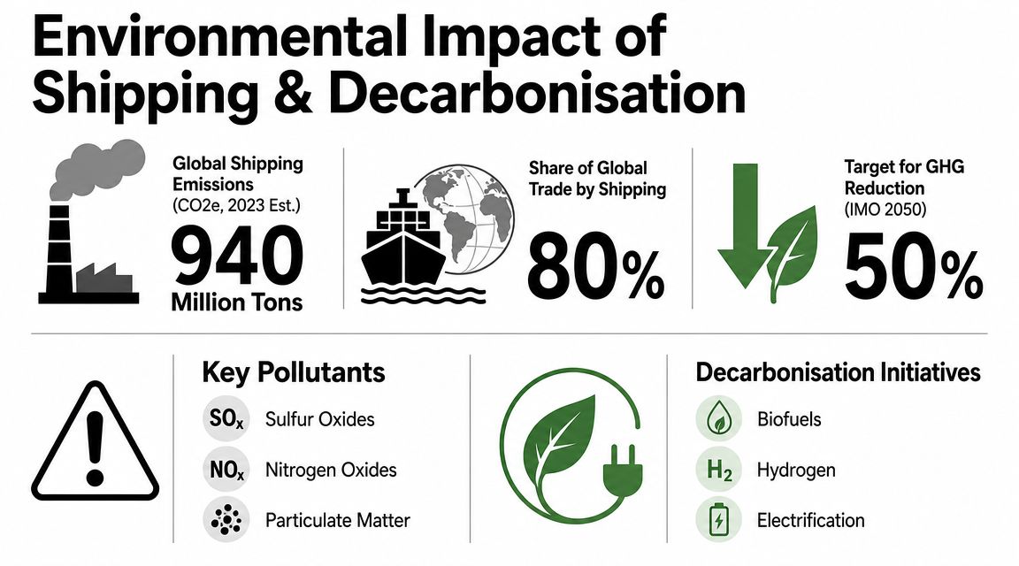 An infographic showing shipping environmental impacts, emissions statistics, and various decarbonization initiatives like biofuels and hydrogen.