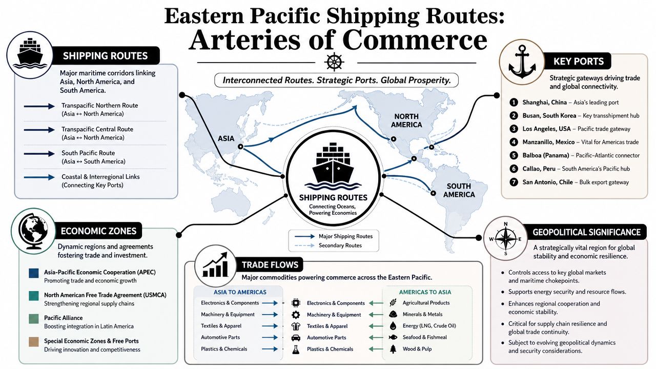 An infographic showing Eastern Pacific shipping routes, key ports, trade flows, and geopolitical significance of maritime trade.