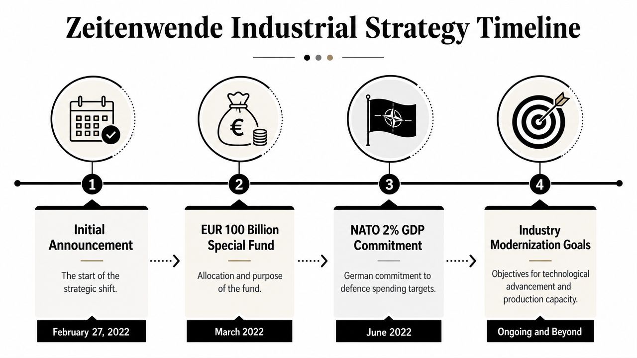 A timeline graphic showing the German Zeitenwende industrial strategy stages from February 2022 to the future.