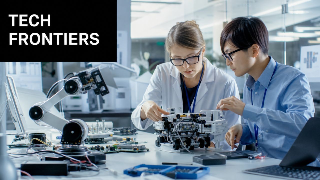 Two engineers working together in a high-tech laboratory on a robotic project at their workstation.