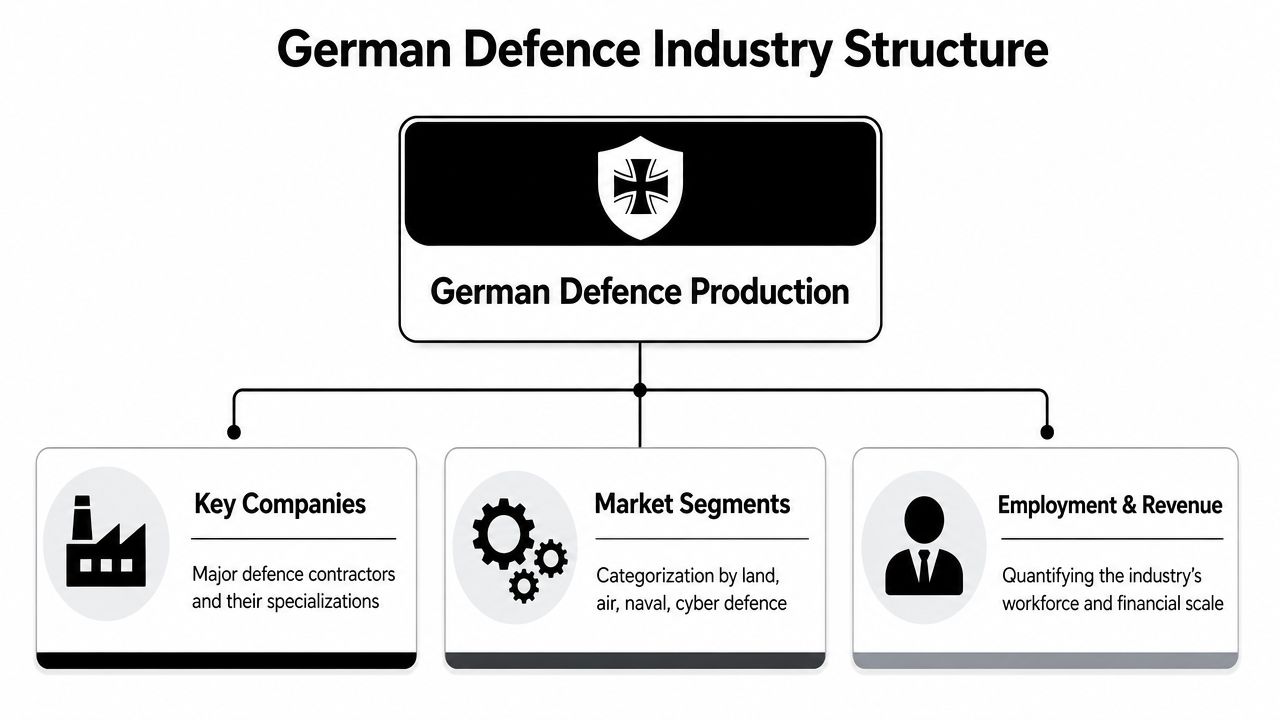 A diagram illustrating the organizational structure of the German defence industry, highlighting key companies, segments, and workforce data.