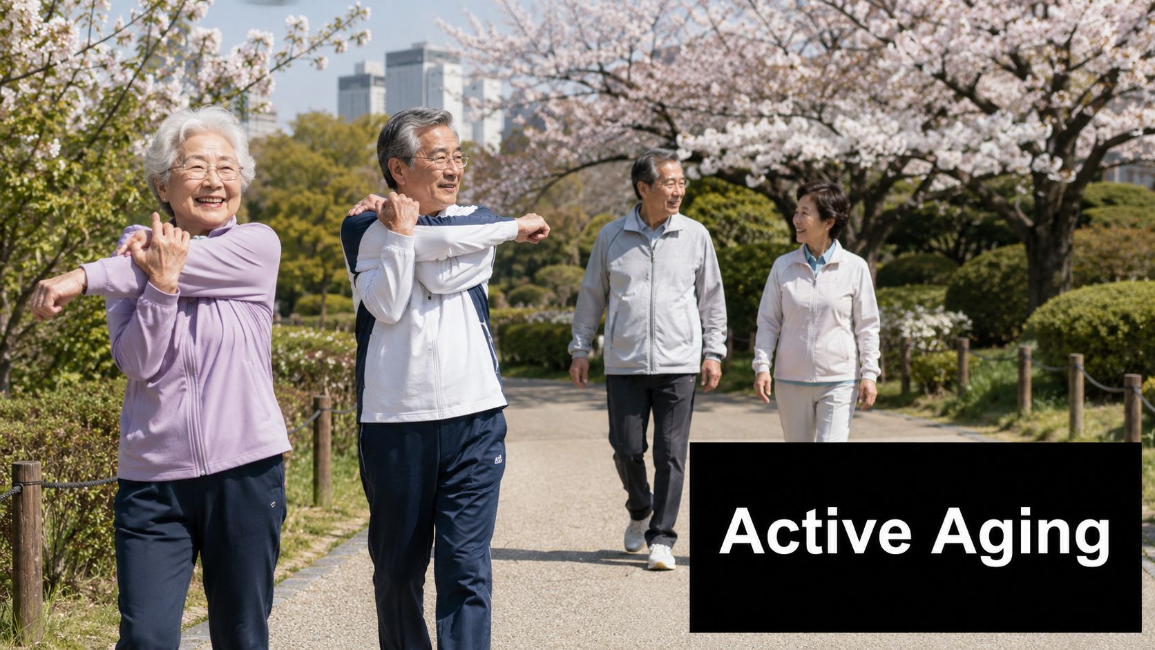 A group of happy elderly people stretching and walking in a park under cherry blossom trees.