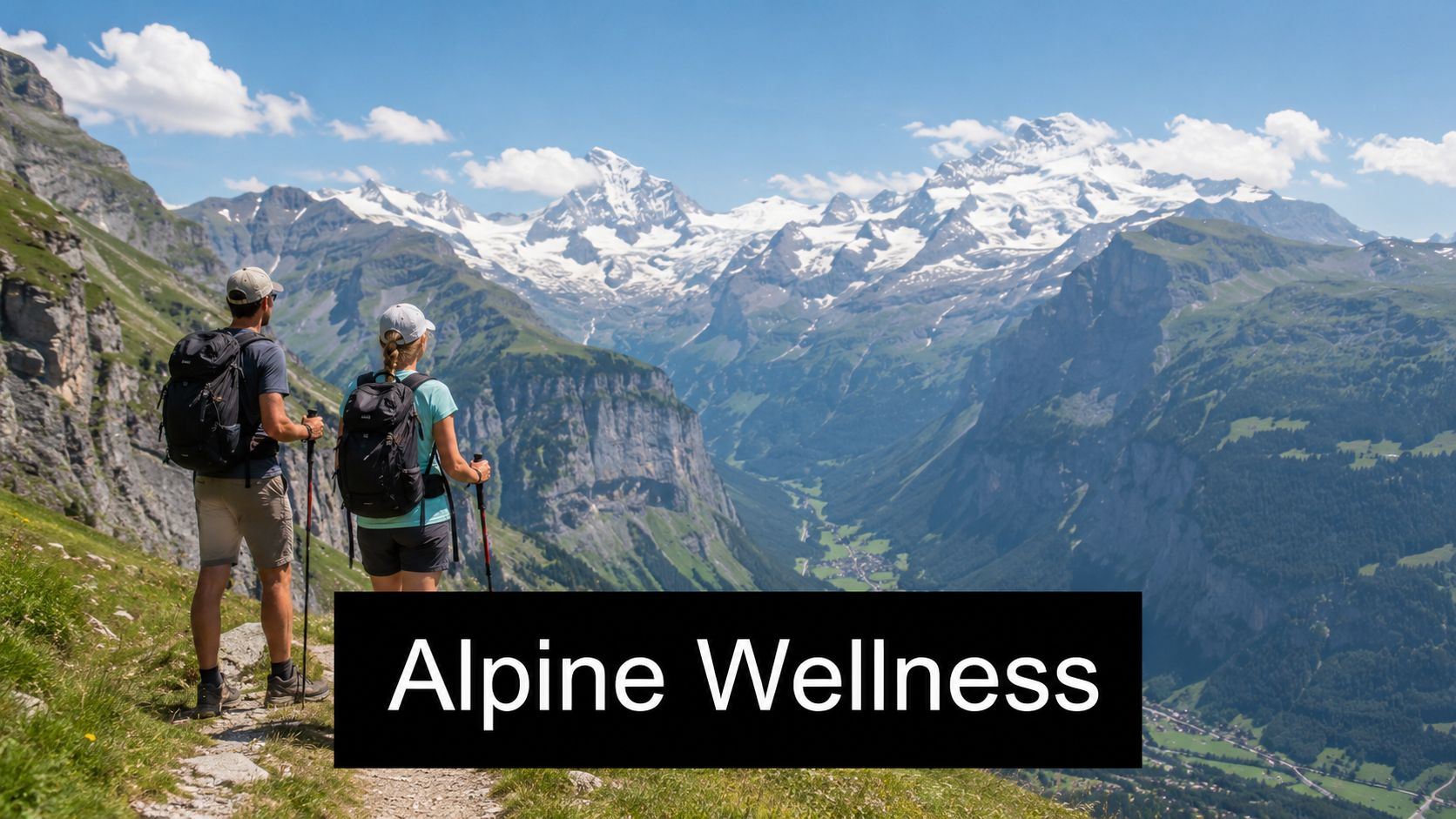 A couple wearing backpacks and hiking gear enjoys the stunning view of the Swiss Alps mountain range.