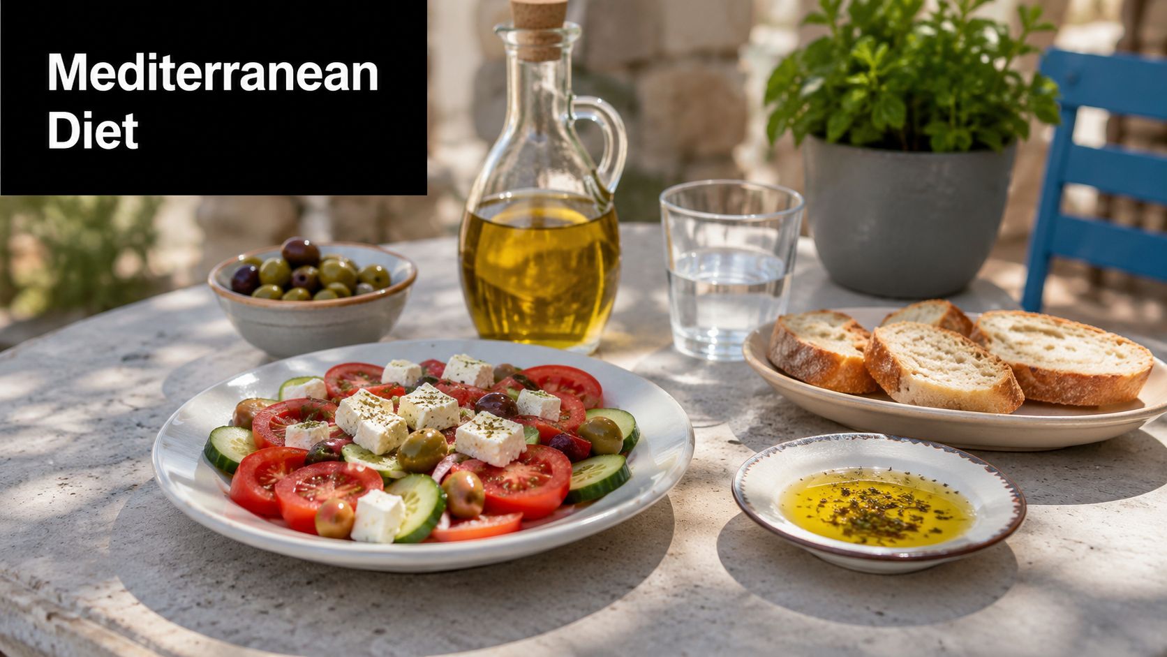 A healthy Greek salad with feta cheese, tomatoes, cucumbers, and olive oil served on a sunlit patio.
