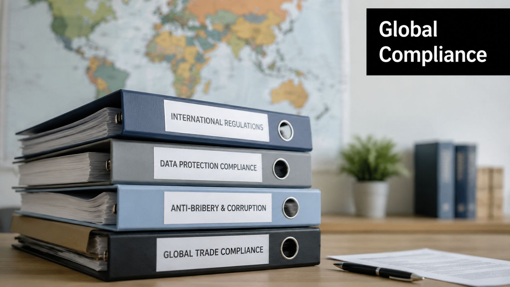 A stack of office binders labeled with compliance topics in front of a world map.