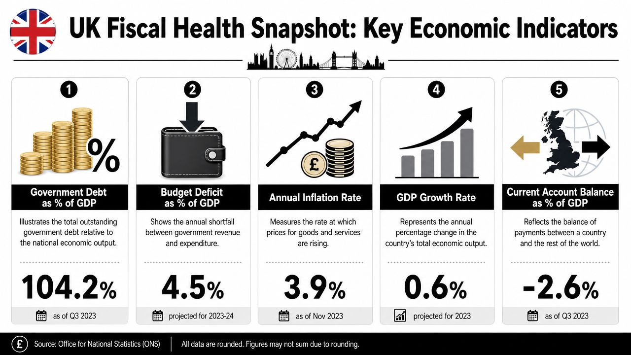 An infographic titled UK Fiscal Health showing five key economic indicators including debt, deficit, inflation, and growth.
