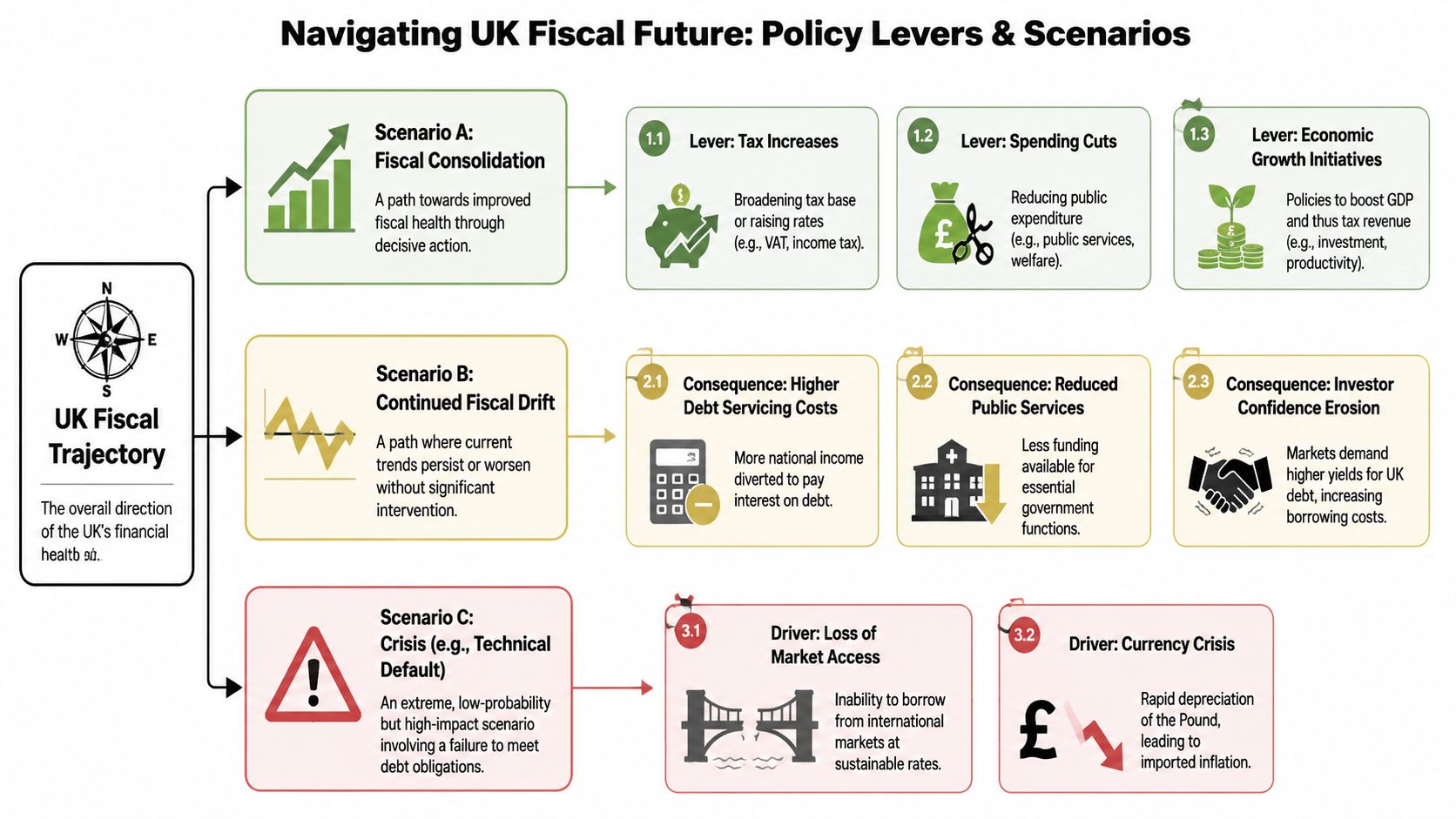 A flowchart showing different scenarios for UK fiscal future, including consolidation, fiscal drift, and potential financial crisis.