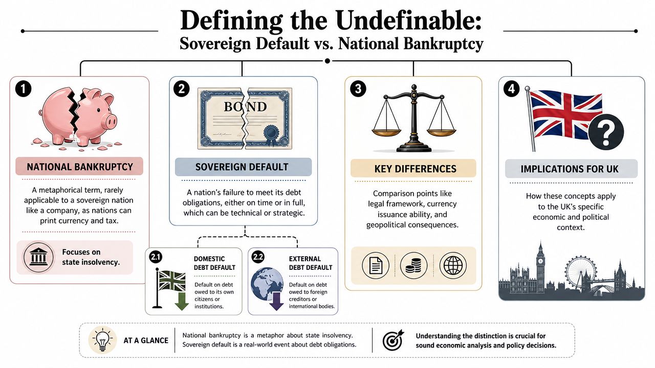 An infographic explaining the differences between national bankruptcy and sovereign default with implications for the UK economy.