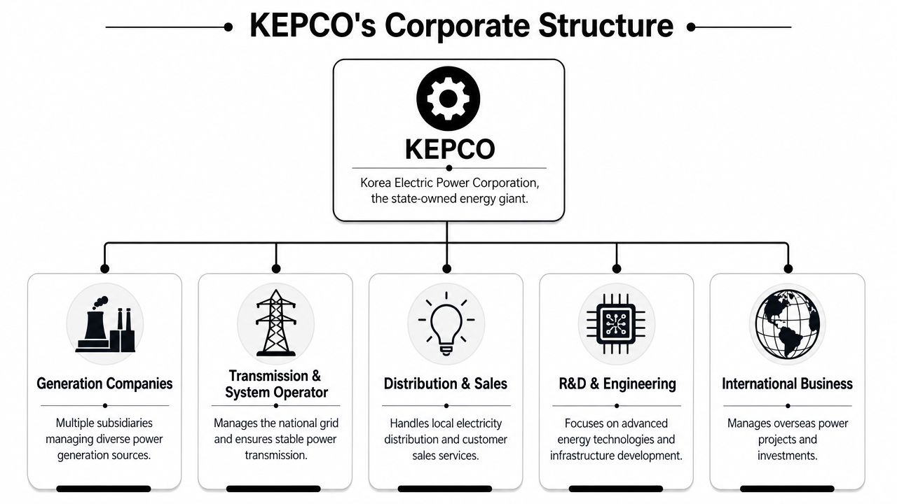 A corporate structure diagram showing KEPCO, the Korea Electric Power Corporation, and its five primary business units.