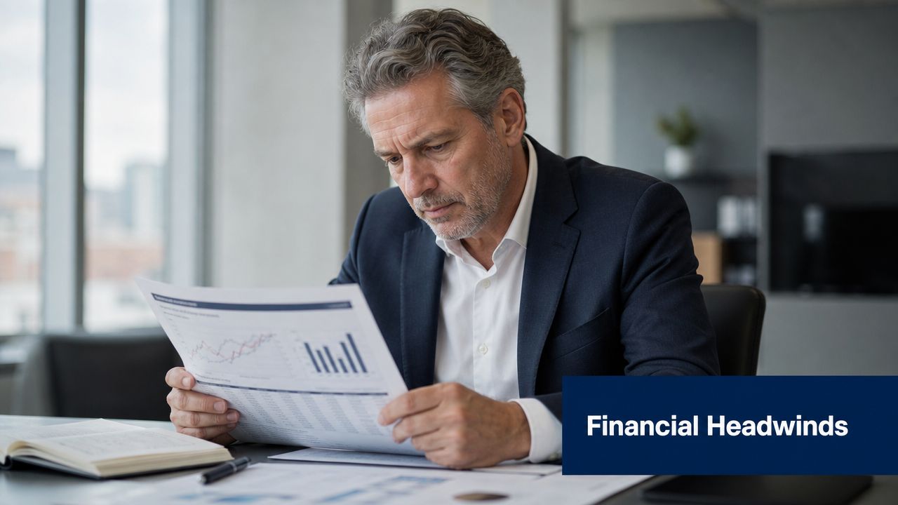 A professional man in a business suit reviewing financial documents with charts at an office desk.