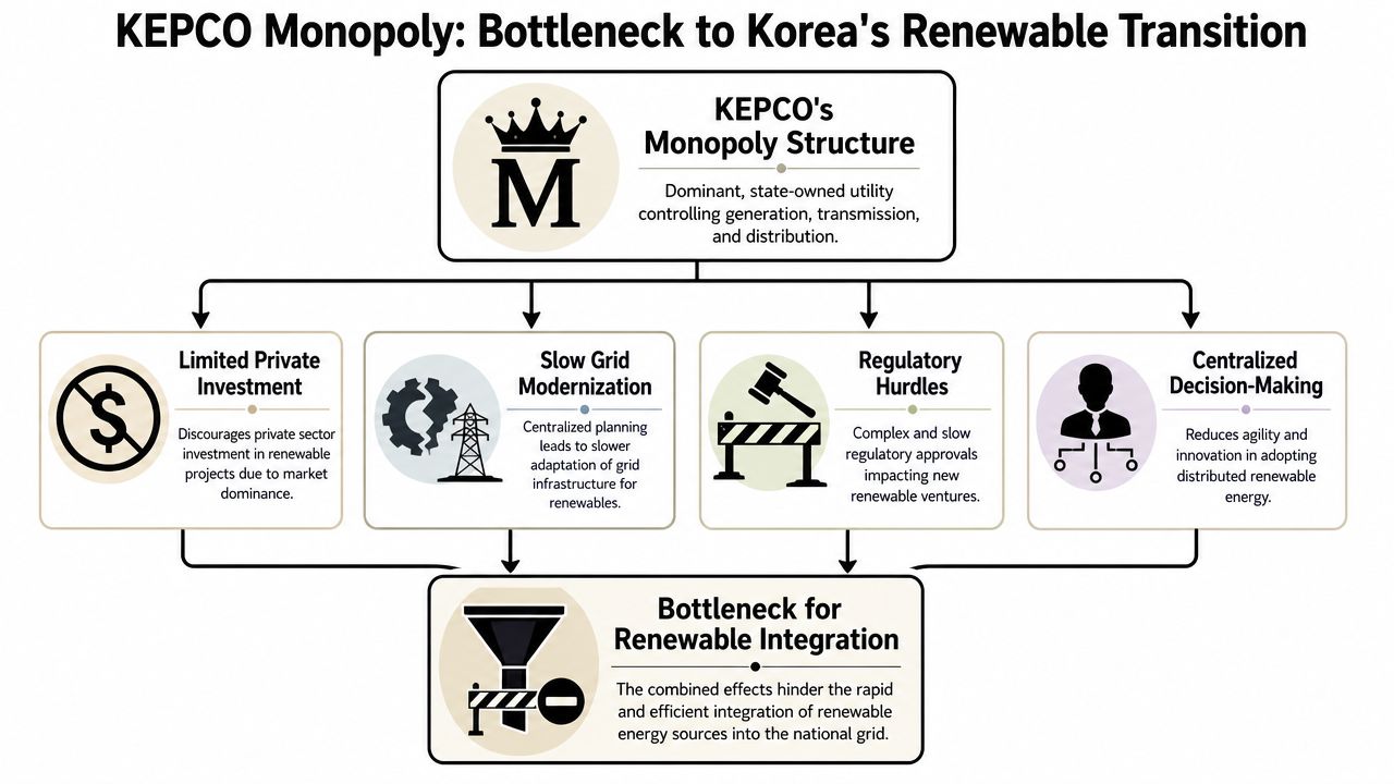 A diagram illustrating how KEPCO's monopoly structure creates bottlenecks for South Korea's renewable energy transition.