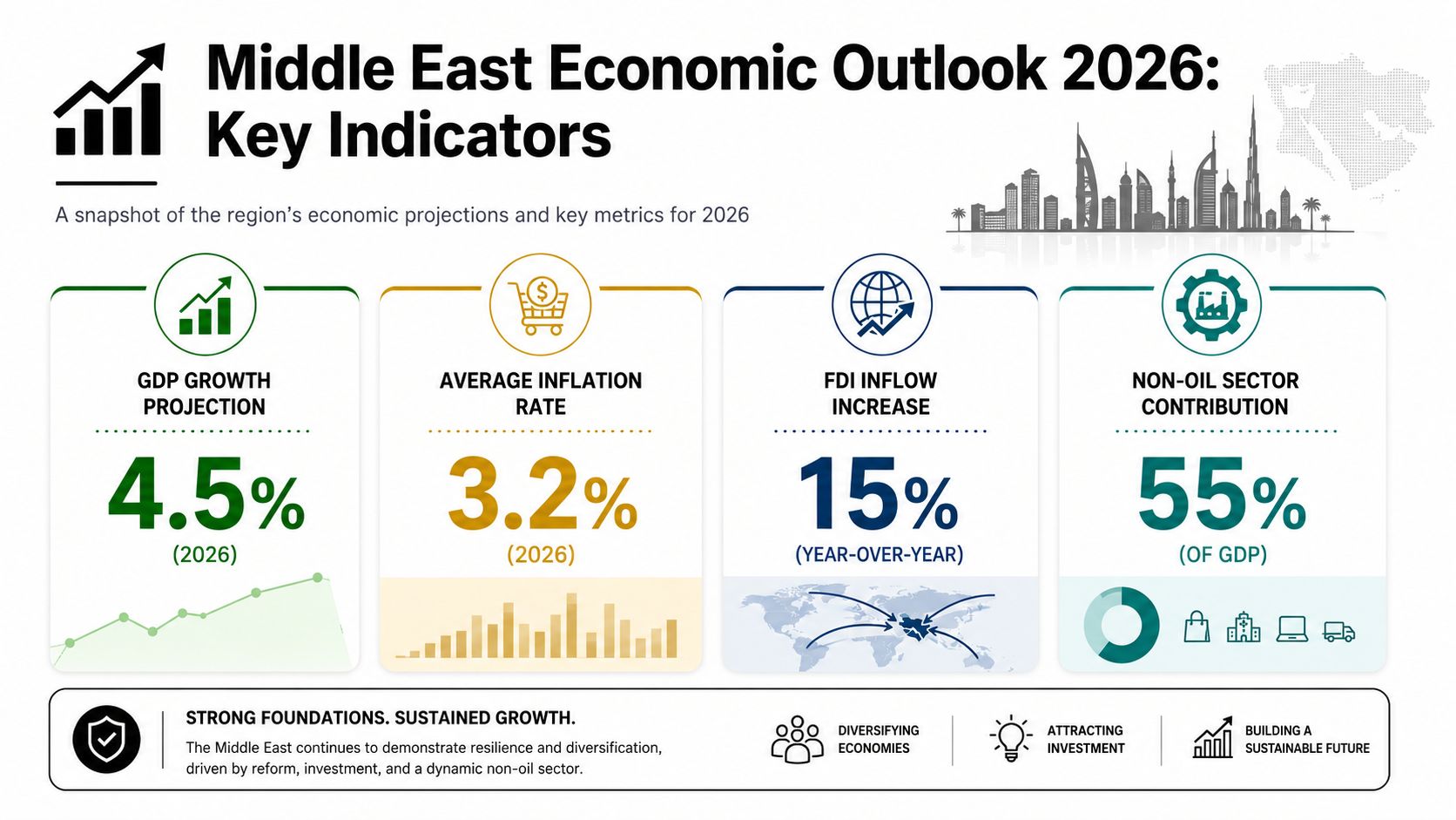 An infographic showing Middle East economic growth, inflation, FDI, and non-oil sector contributions for 2026.