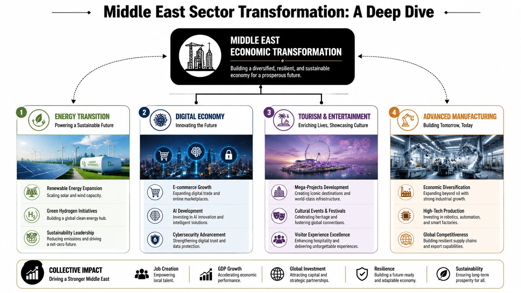 A diagram outlining the economic transformation of the Middle East through energy, digital, tourism, and manufacturing sectors.