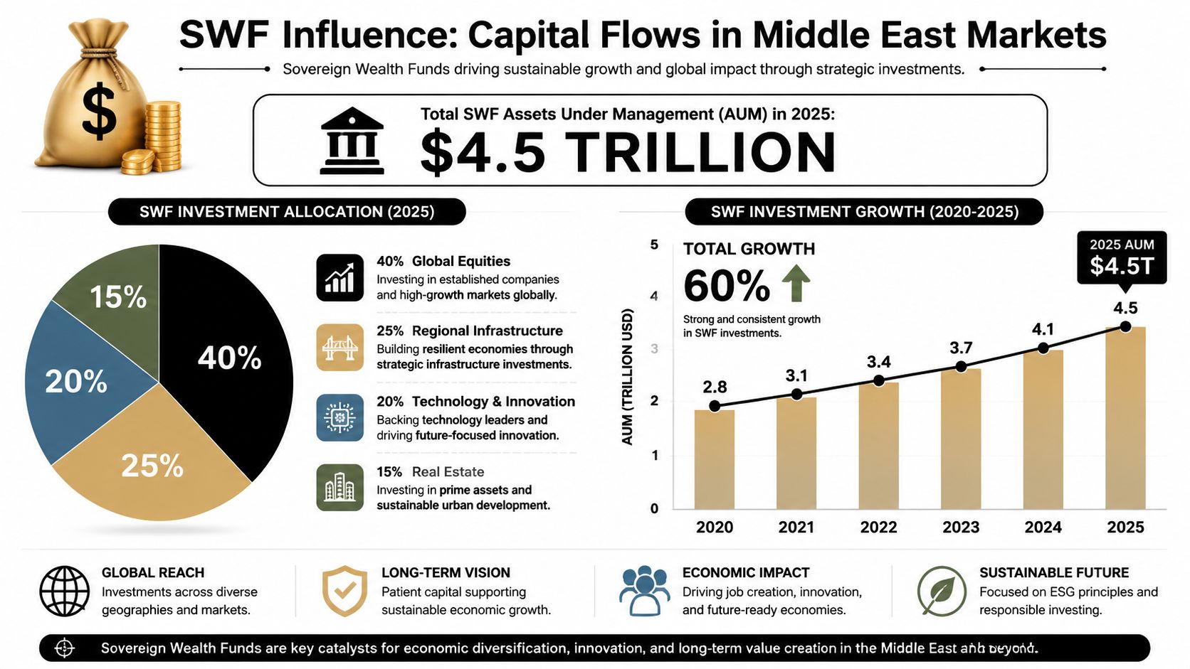 An infographic showing 2025 Sovereign Wealth Fund asset allocation and six-year investment growth in Middle East markets.