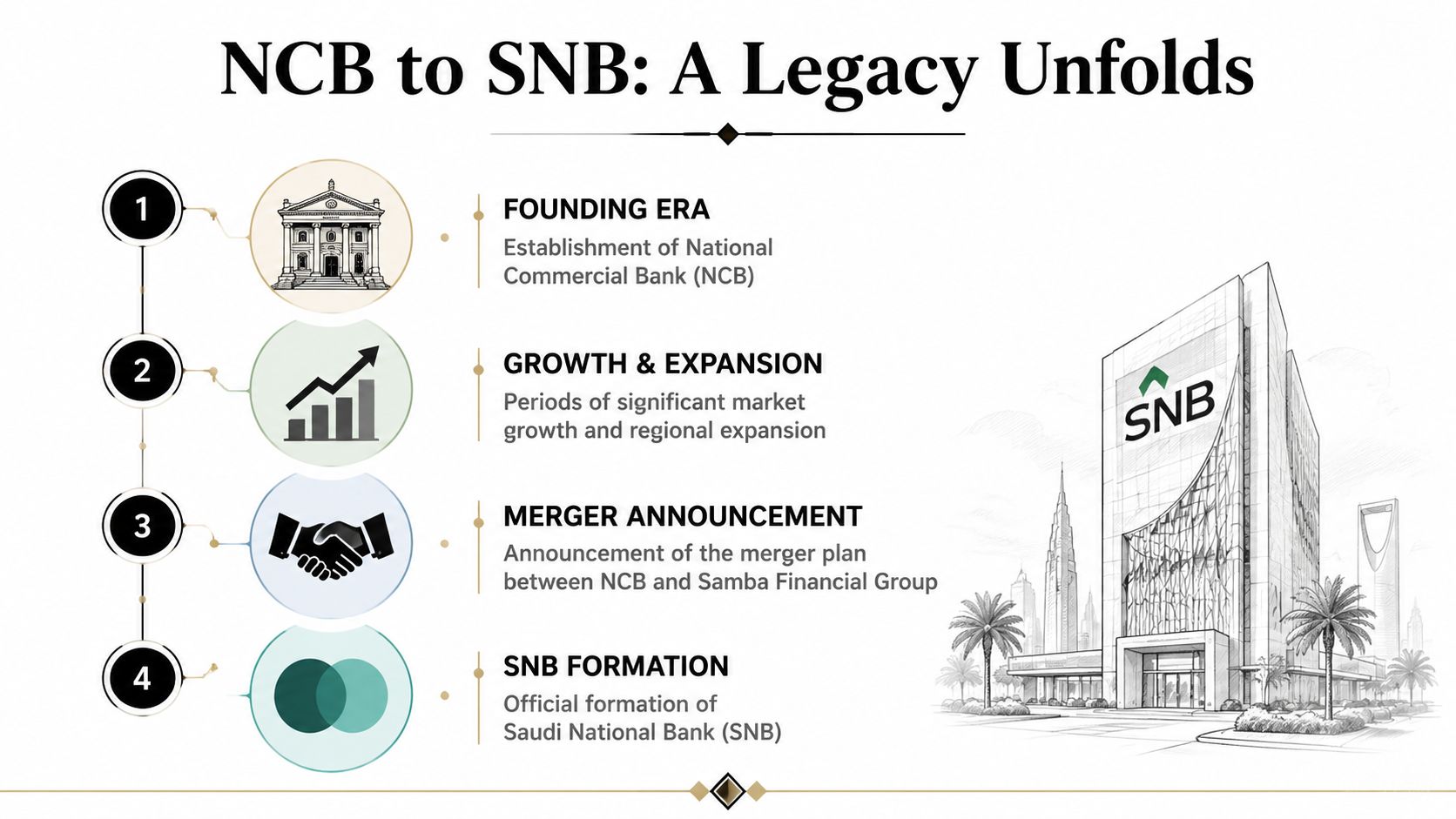 A timeline graphic illustrating the evolution from National Commercial Bank to the formation of Saudi National Bank.
