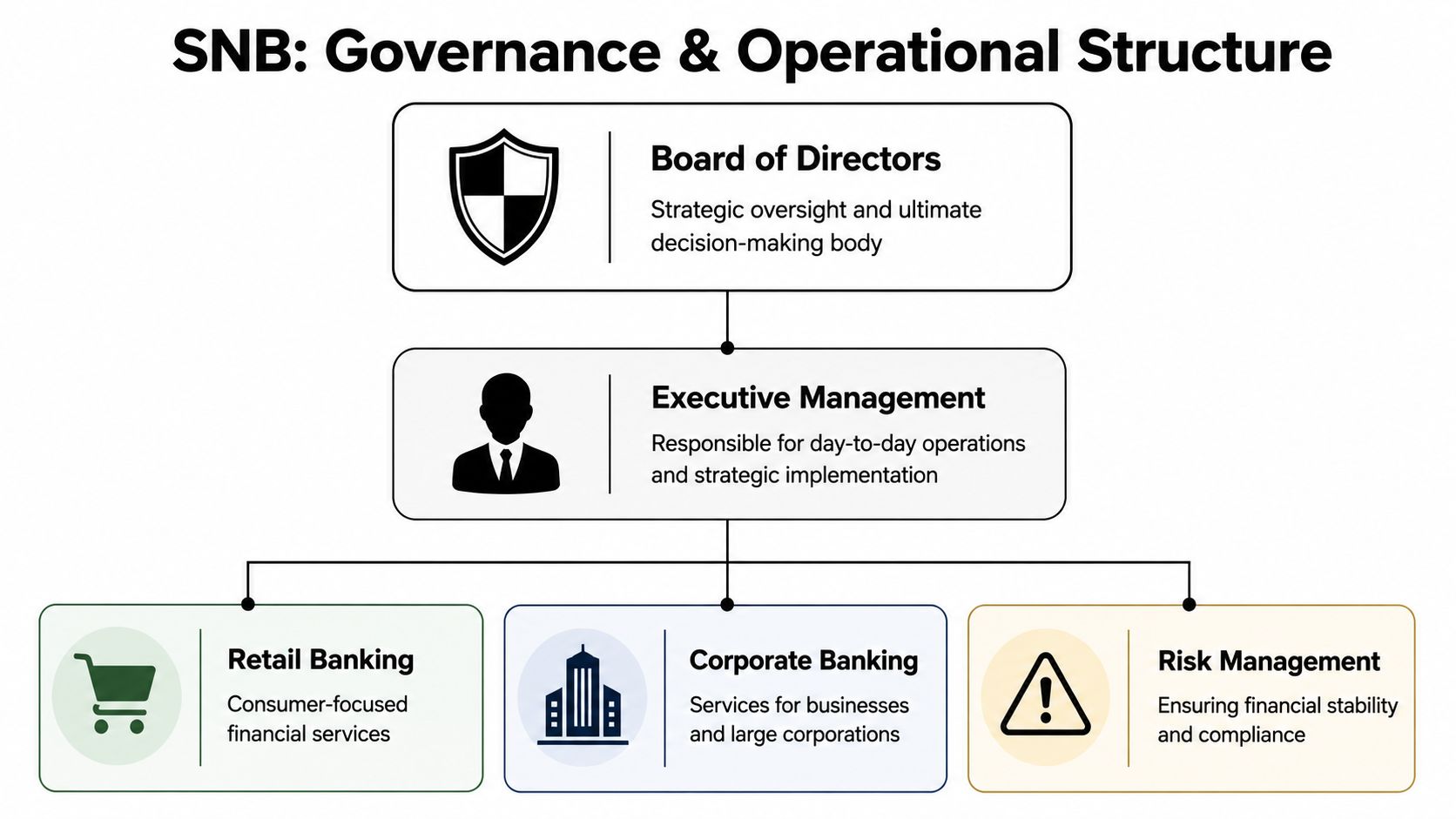 An organizational chart depicting the governance and operational structure of the Saudi National Bank with its core divisions.