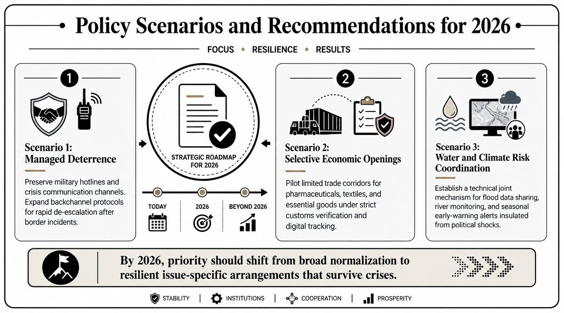 A strategic roadmap infographic for 2026 outlining policy scenarios for India-Pakistan relations and cooperation.