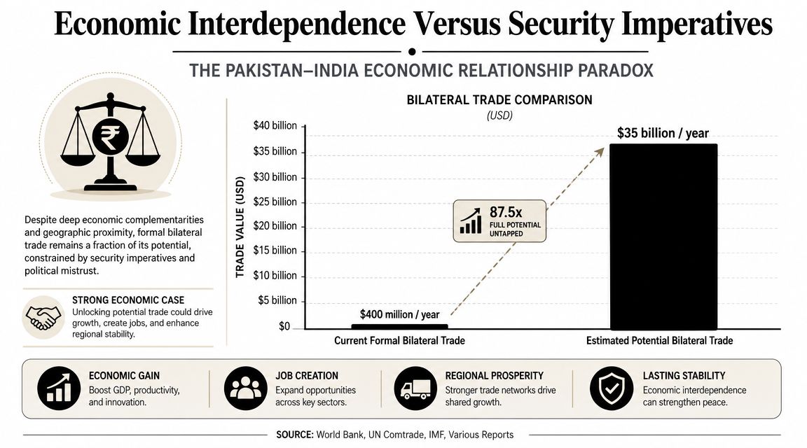 A chart showing the discrepancy between current Pakistan-India bilateral trade and its estimated potential value.