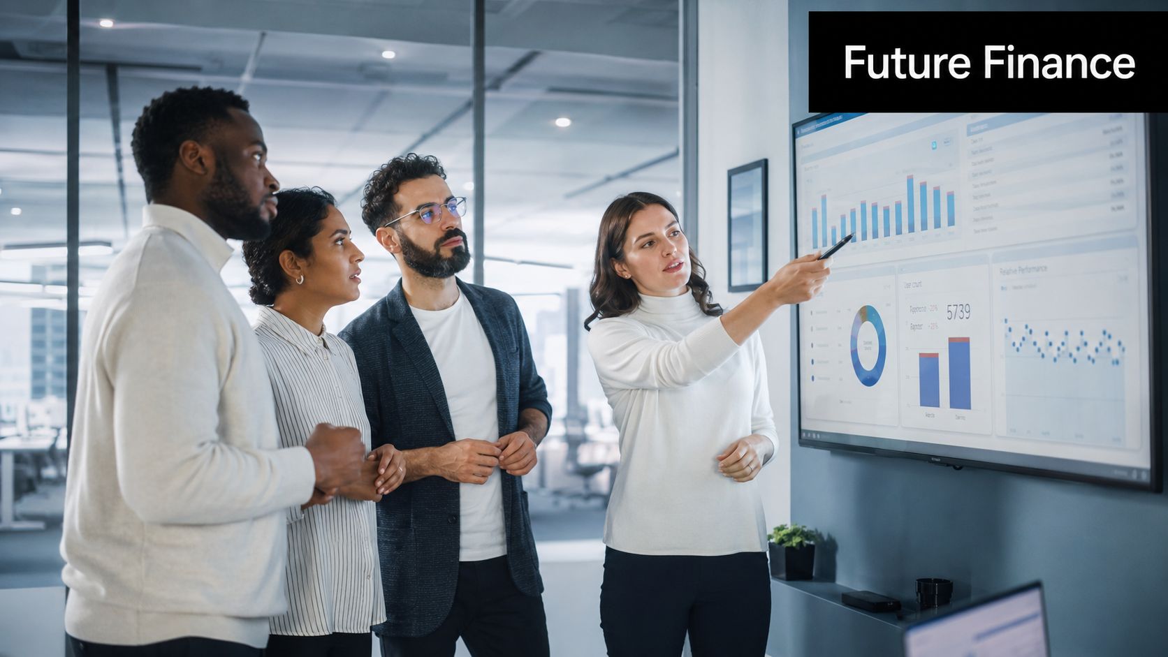 A professional team discussing financial data and business analytics on a large interactive digital screen.