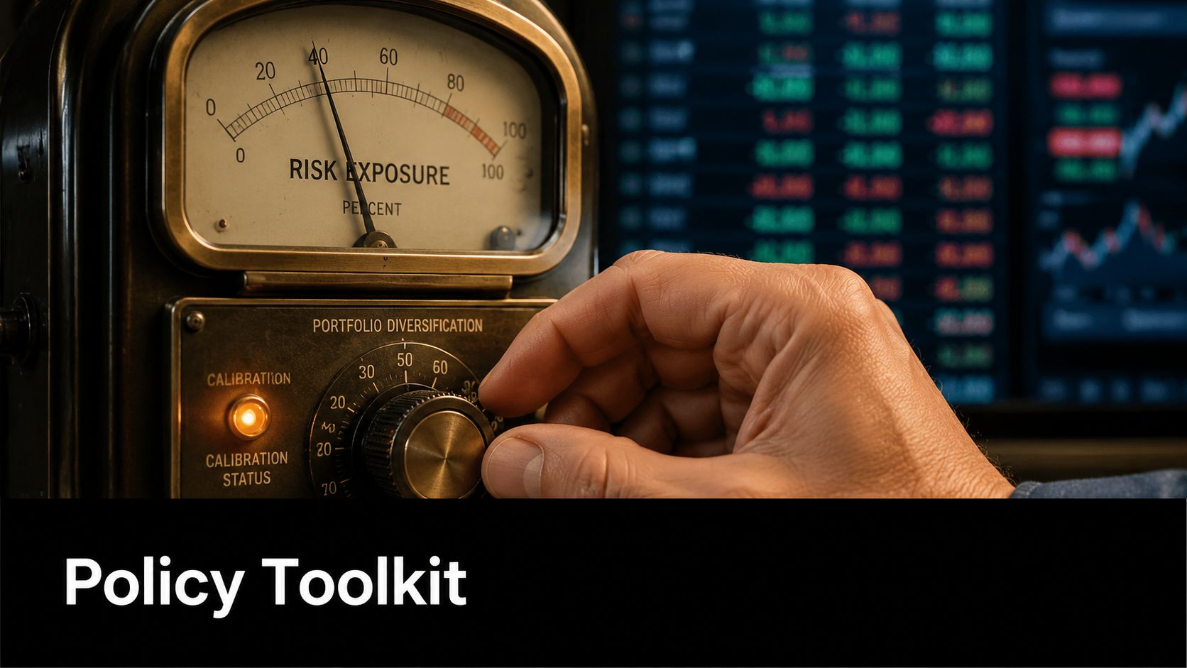 A hand adjusts a vintage-style risk exposure gauge next to a digital stock market monitor screen.