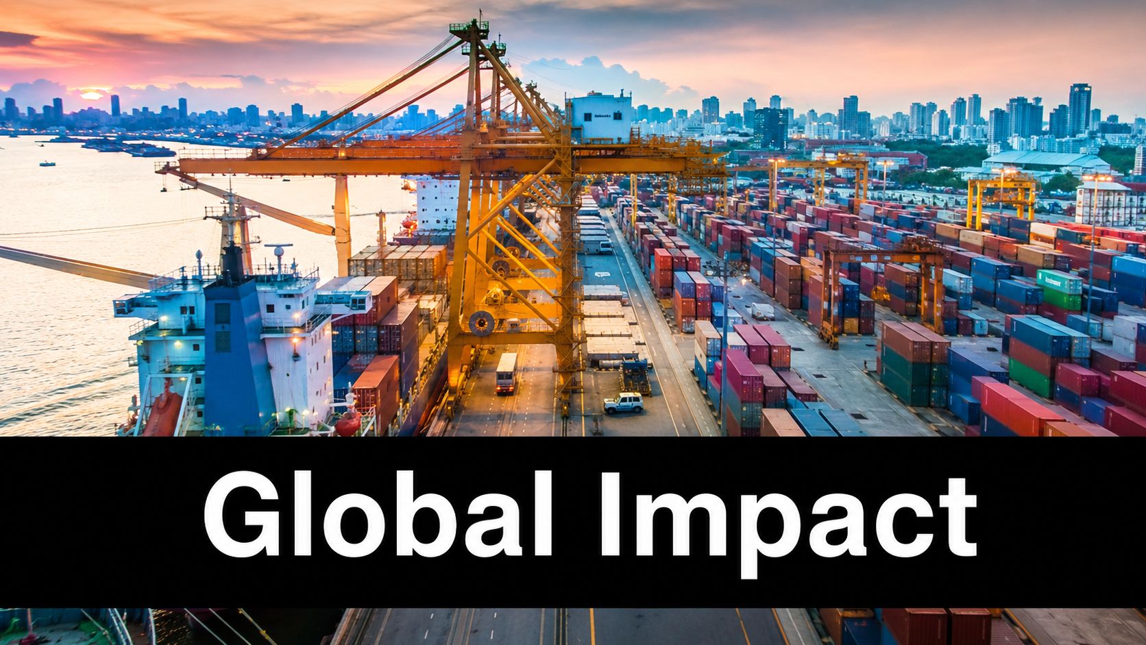 A large cargo ship docked at a port with many shipping containers and cranes at sunset.