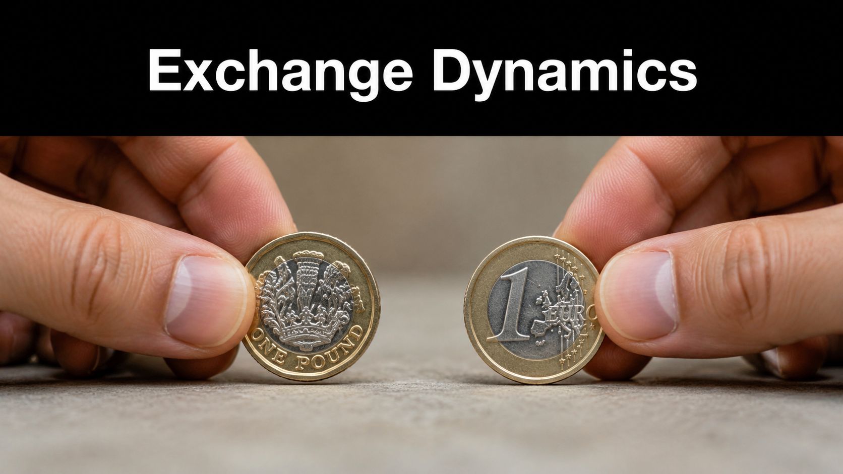 Two hands holding a one British pound coin and a one Euro coin against a neutral background.