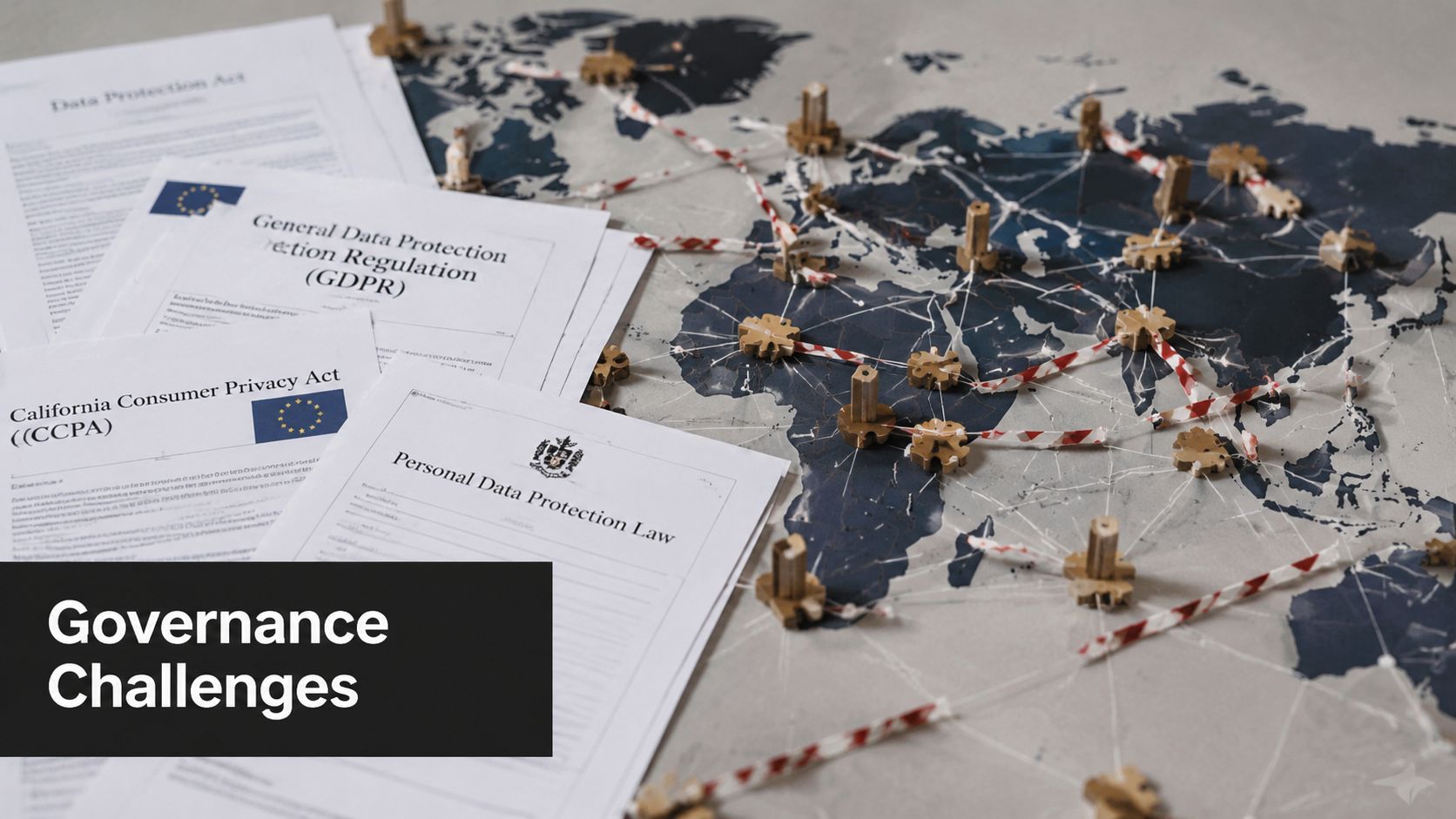 A map showing global connections with data protection legal documents like GDPR and CCPA on the side.