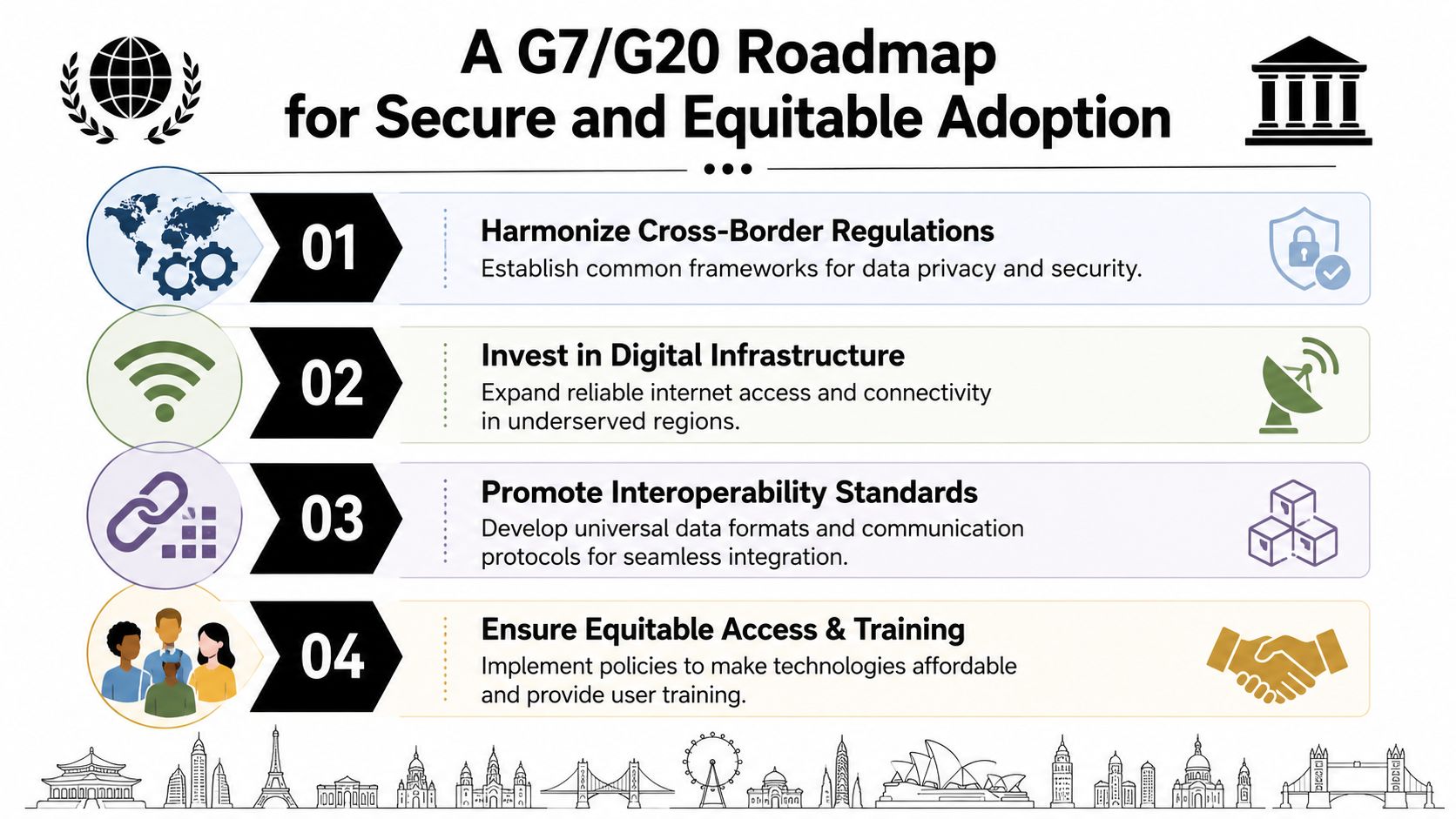 A visual roadmap for G7 and G20 nations regarding secure and equitable digital technology adoption and implementation.