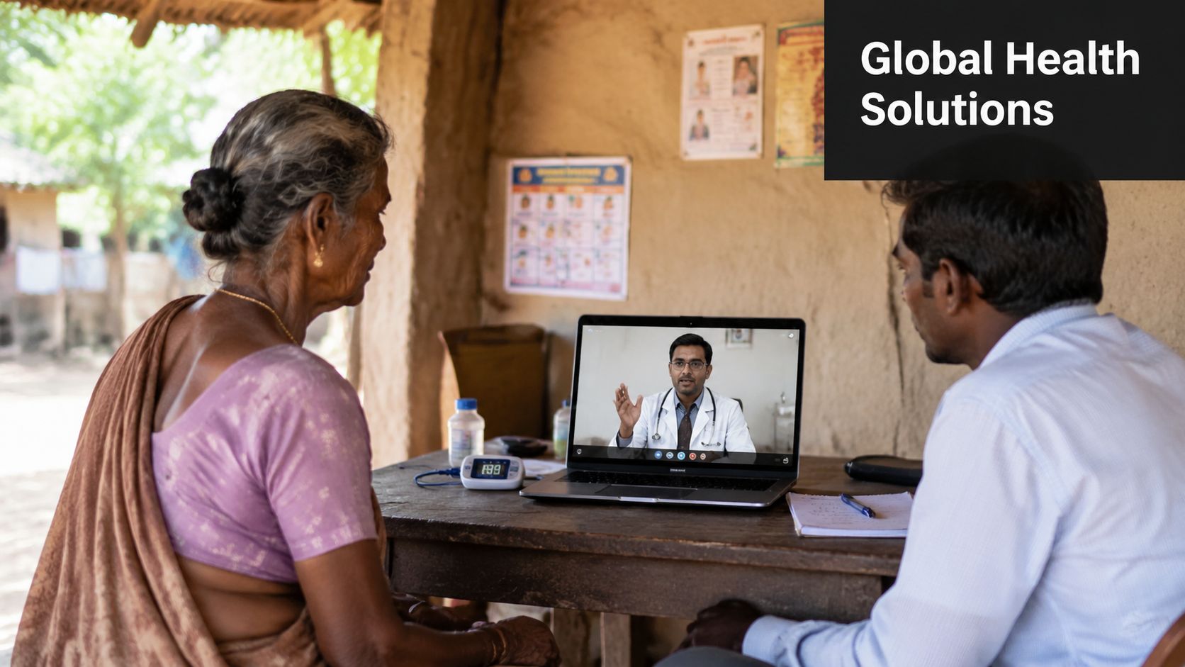 An elderly woman and a man consult with a doctor via a video call on a laptop.