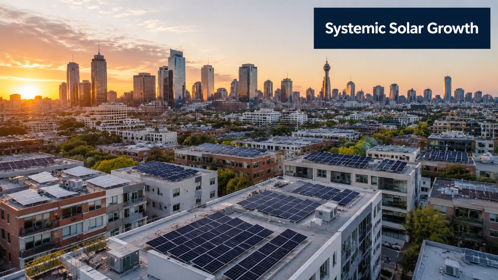 A modern urban skyline at sunset featuring apartment buildings covered with arrays of residential solar panels.