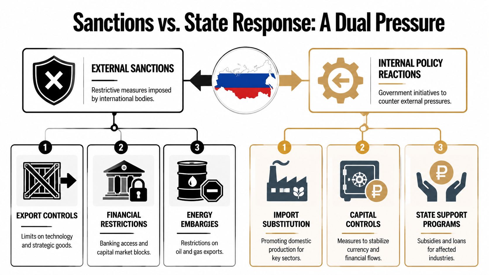 A diagram illustrating the dual pressures on the Russian economy from external sanctions and state policy reactions.